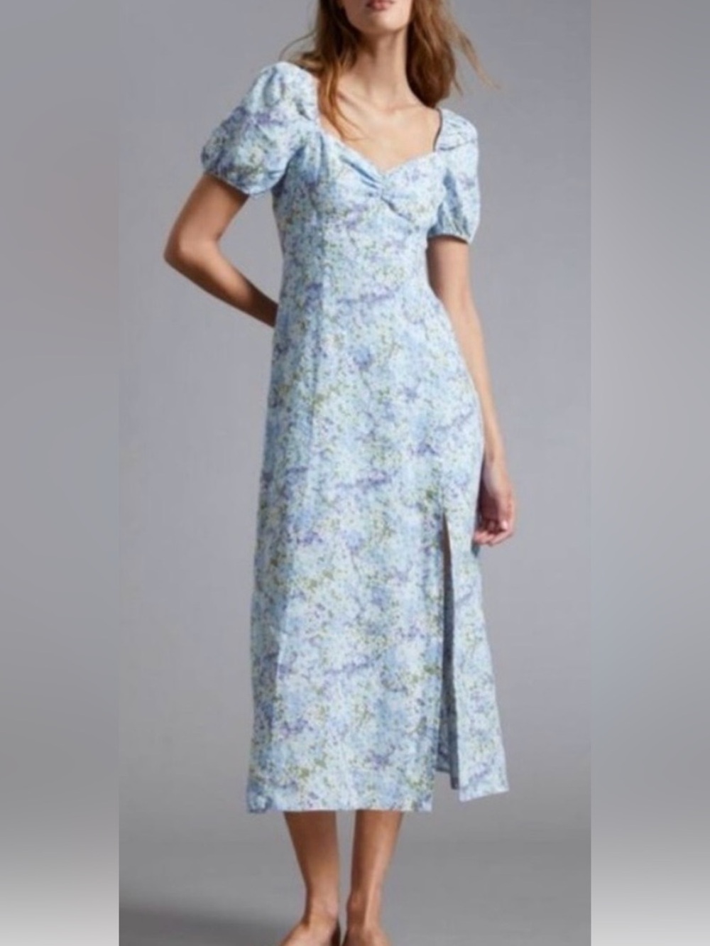 & Other Stories Linen Floral Midi Dress with Puff Sleeves & Slit, Size 8